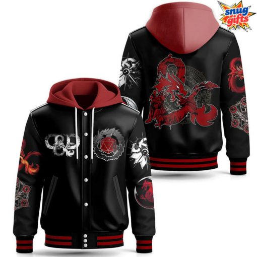 Dungeons & Dragons Red Dragon Emblem Black Hooded Varsity Jacket